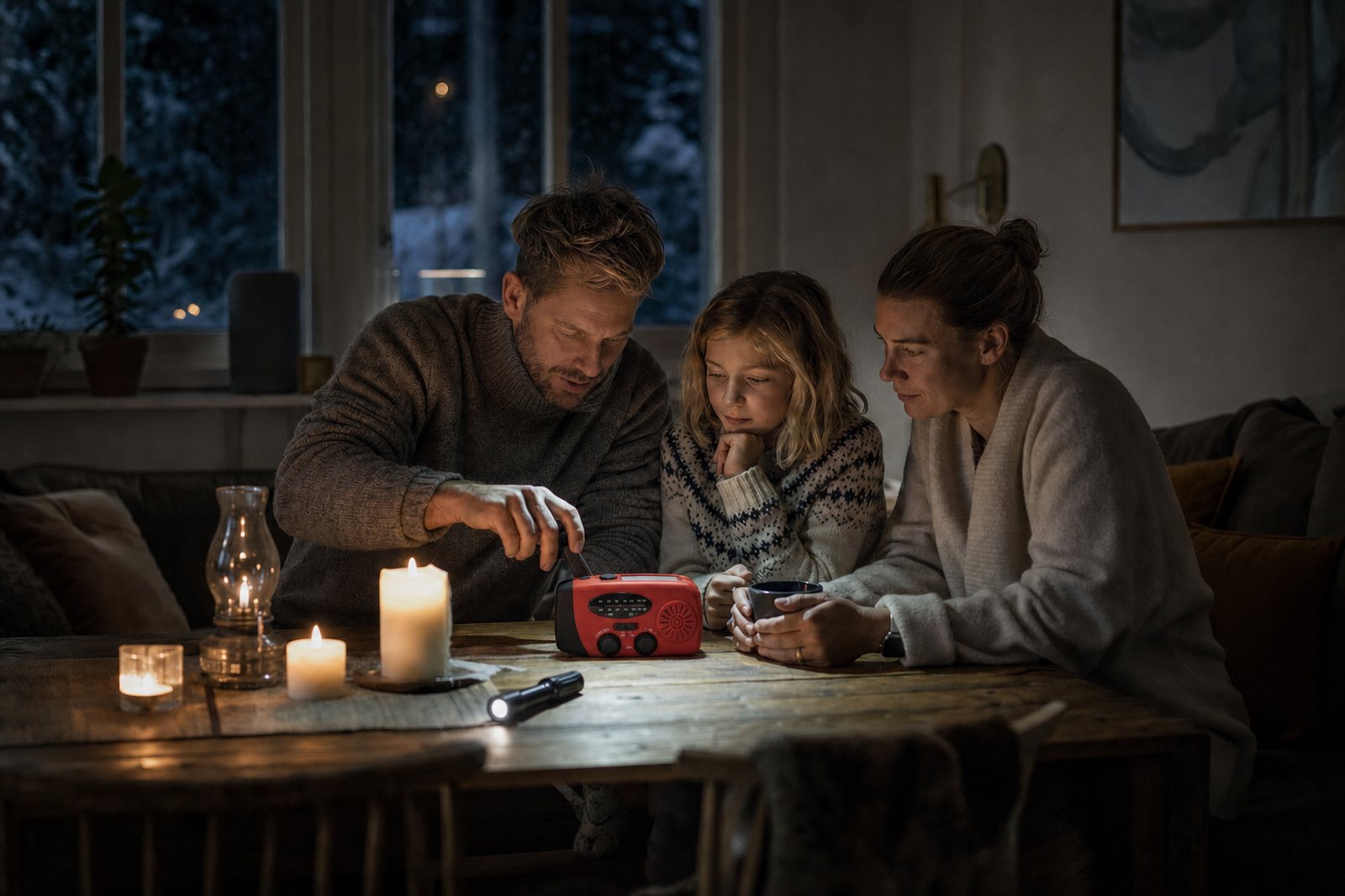 Familj vid köksbordet i skenet av ljus under ett strömavbrott
