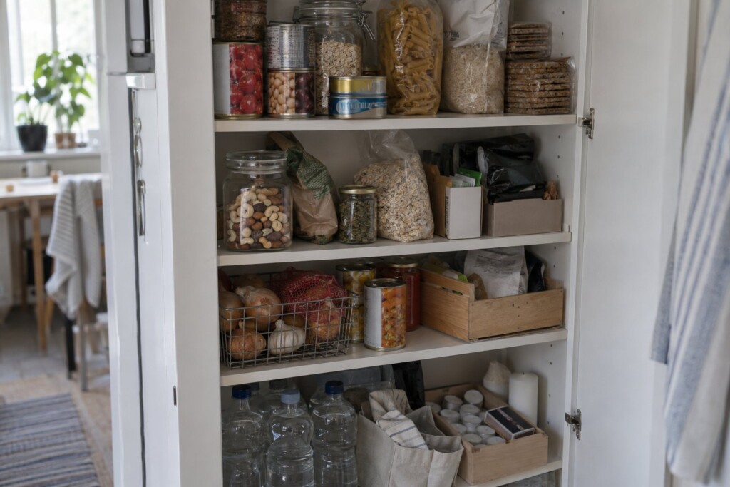 Ett skafferi fyllt med konserver, knäckebröd, pasta, nötter och flaskvatten