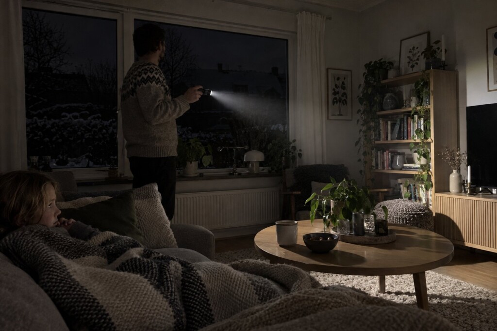 Vardagsrum under strömavbrott, hela gatan utanför är mörk och någon lyser med en ficklampa
