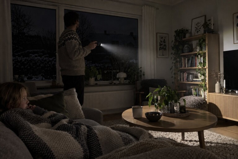 Vardagsrum under strömavbrott, hela gatan utanför är mörk och någon lyser med en ficklampa