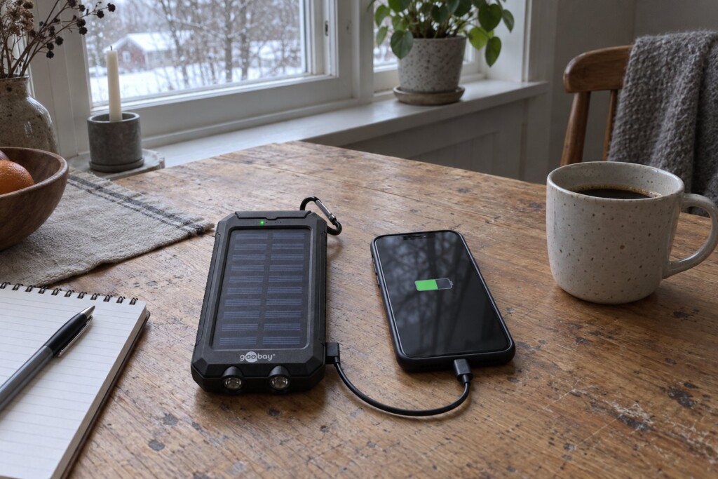 En mobil laddas från en solcellspowerbank på köksbordet i dagsljus