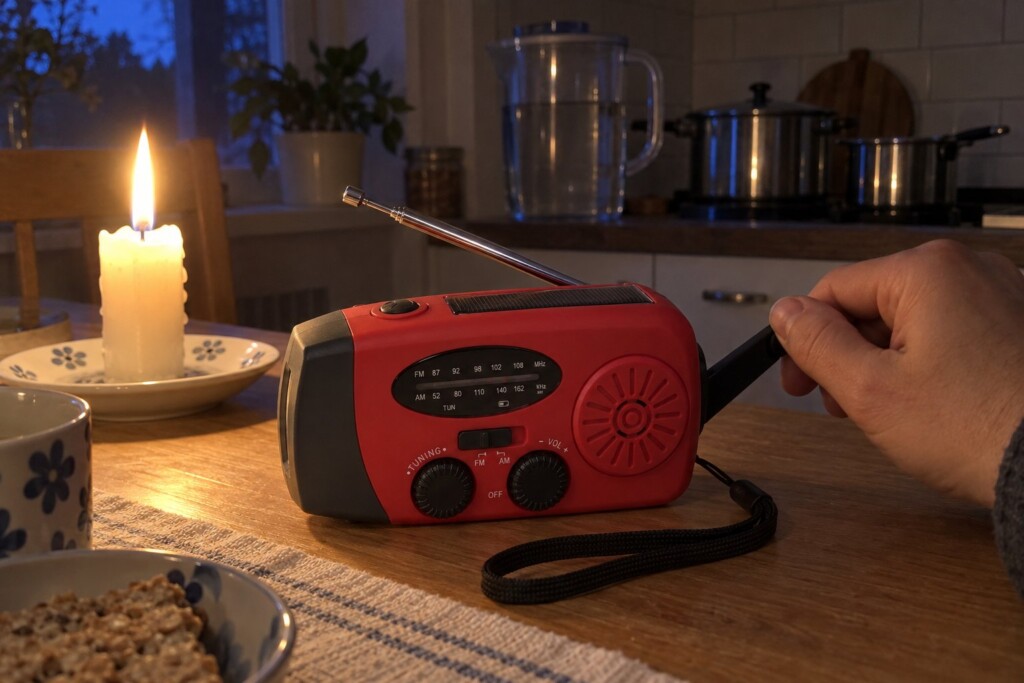 En hand vevar en vevradio vid köksbordet i levande ljus, med vatten fyllt i bakgrunden