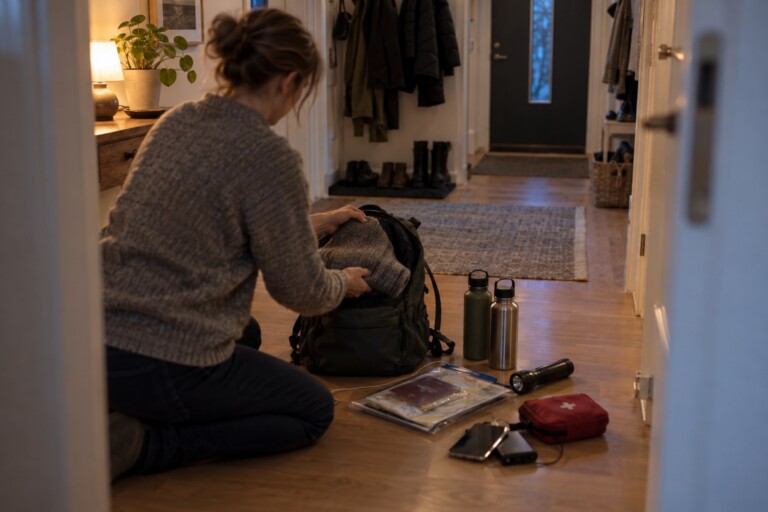 En person packar en ryggsäck i hallen med vattenflaskor, ficklampa, pass, första hjälpen och mobil med powerbank