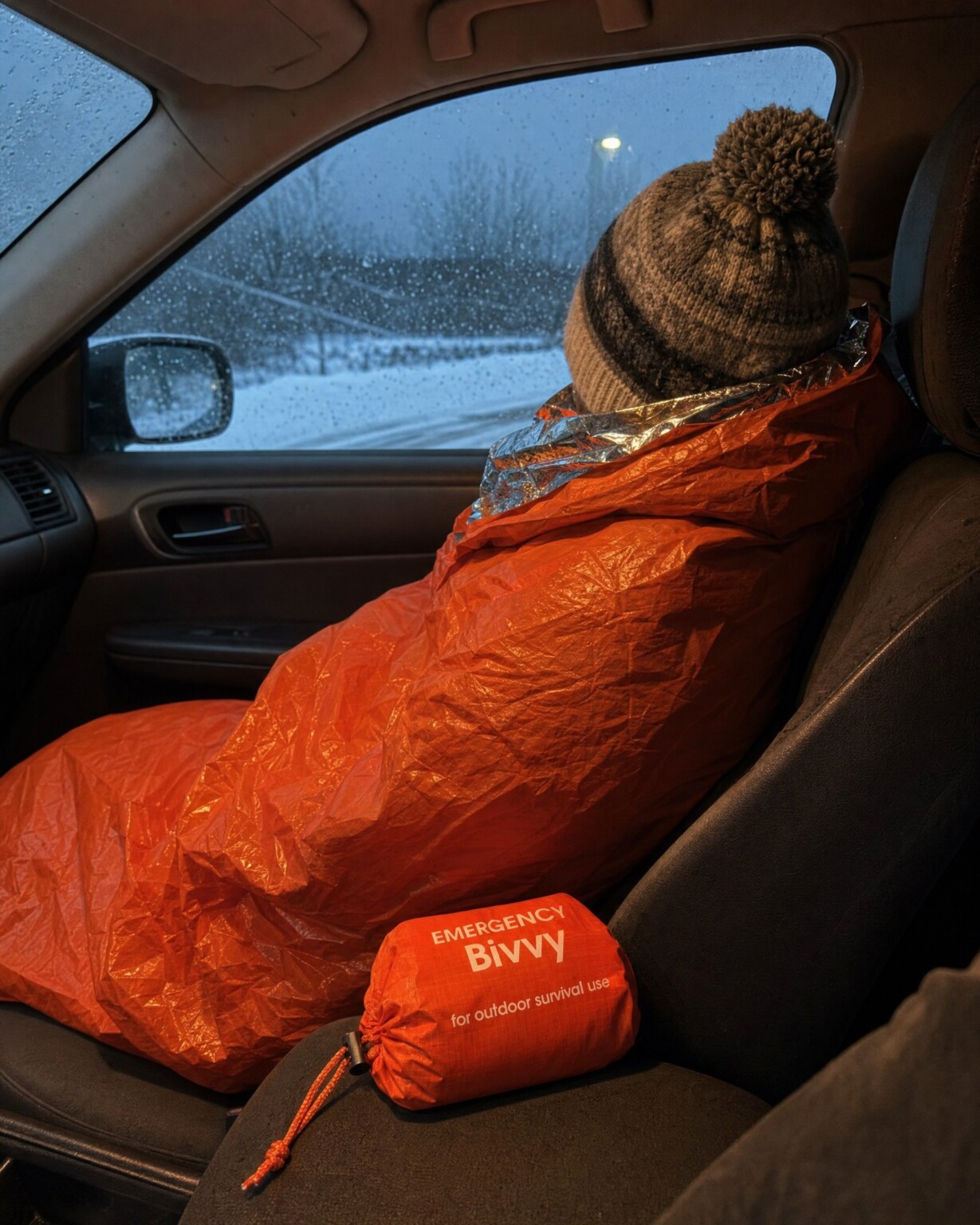 Nödsovsäcken uppvikt runt en person i bilen en vinterkväll