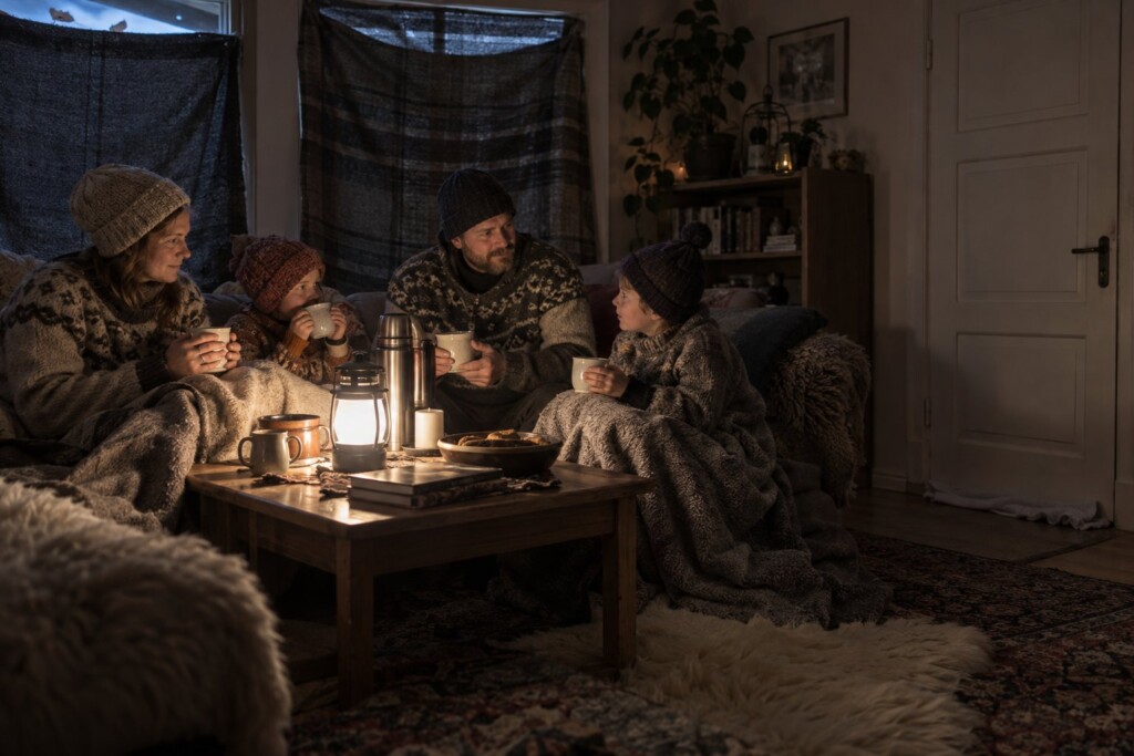 En familj samlad i ett rum under strömavbrott, filtar för fönstren, mattor på golvet och varma kläder