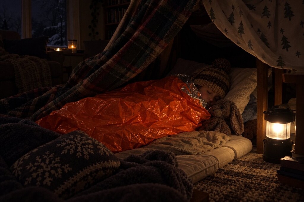Ett barn sover i en filtkoja insvept i en uppvikt nödsovsäck