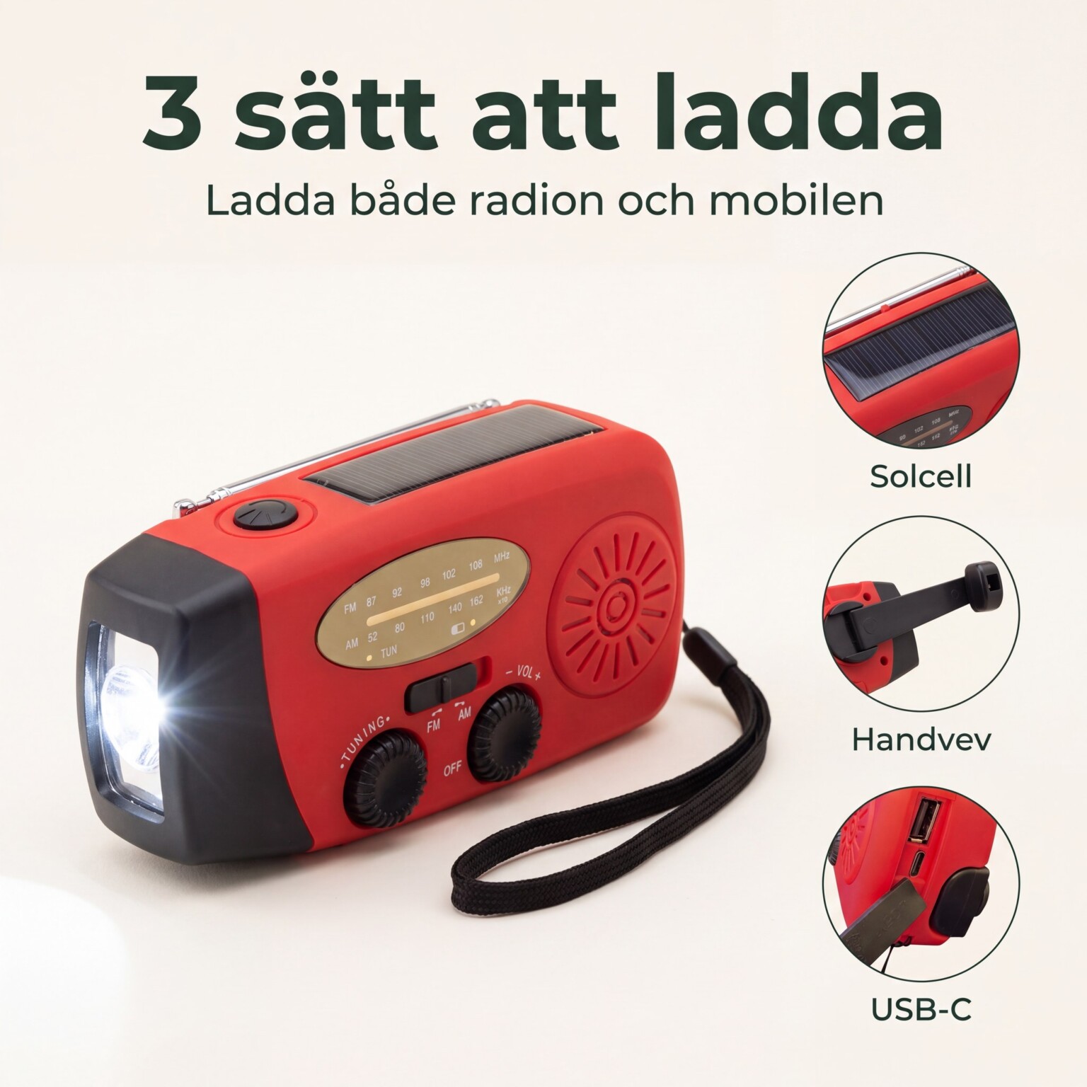 Tre sätt att ladda vevradion: solcell, handvev och USB-C