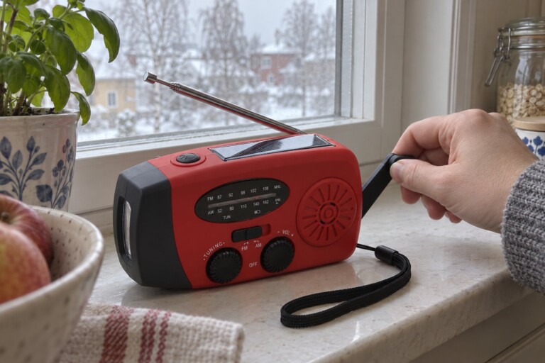 En röd vevradio med solcell i köksfönstret, någon vevar