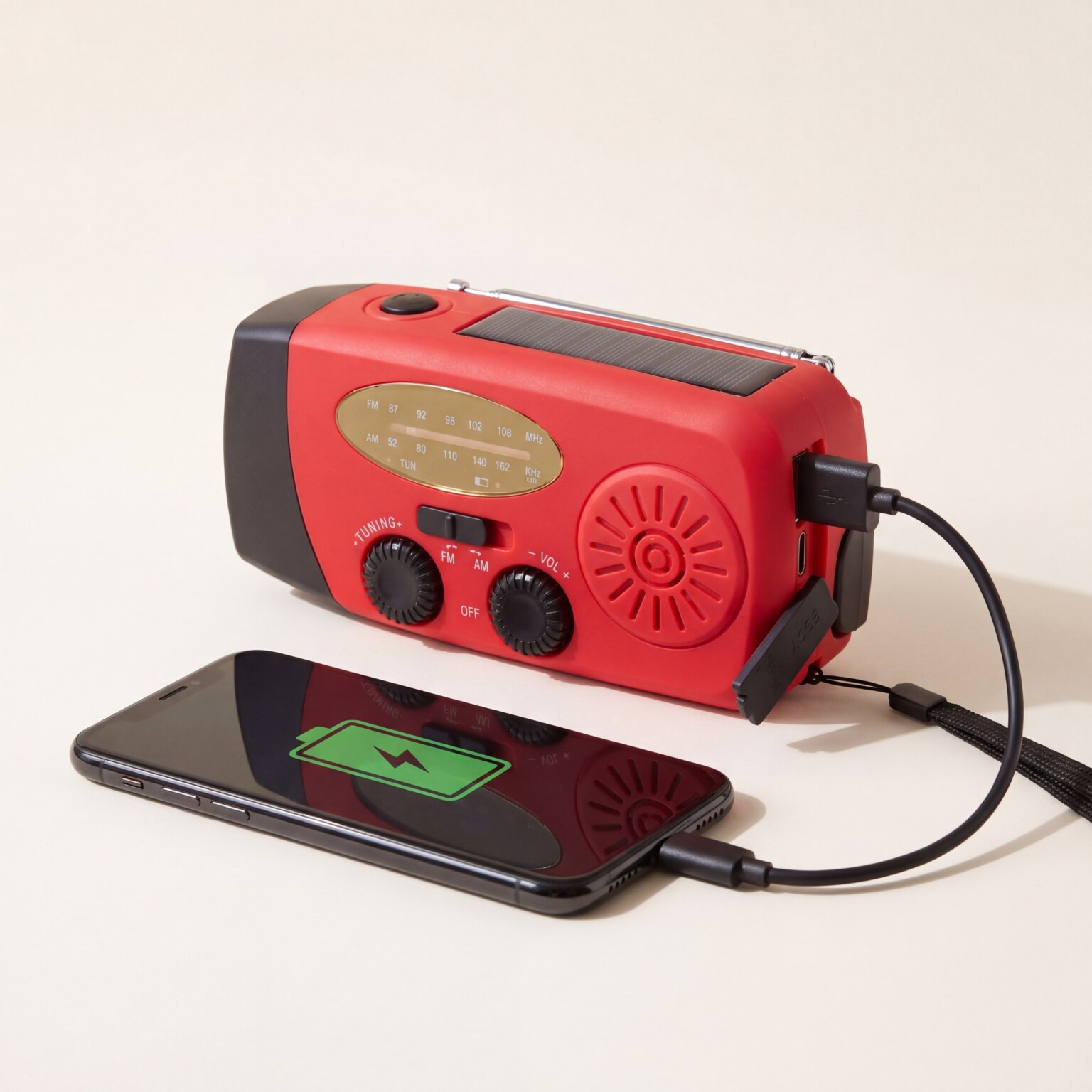 Vevradion laddar en mobil via USB-kabel