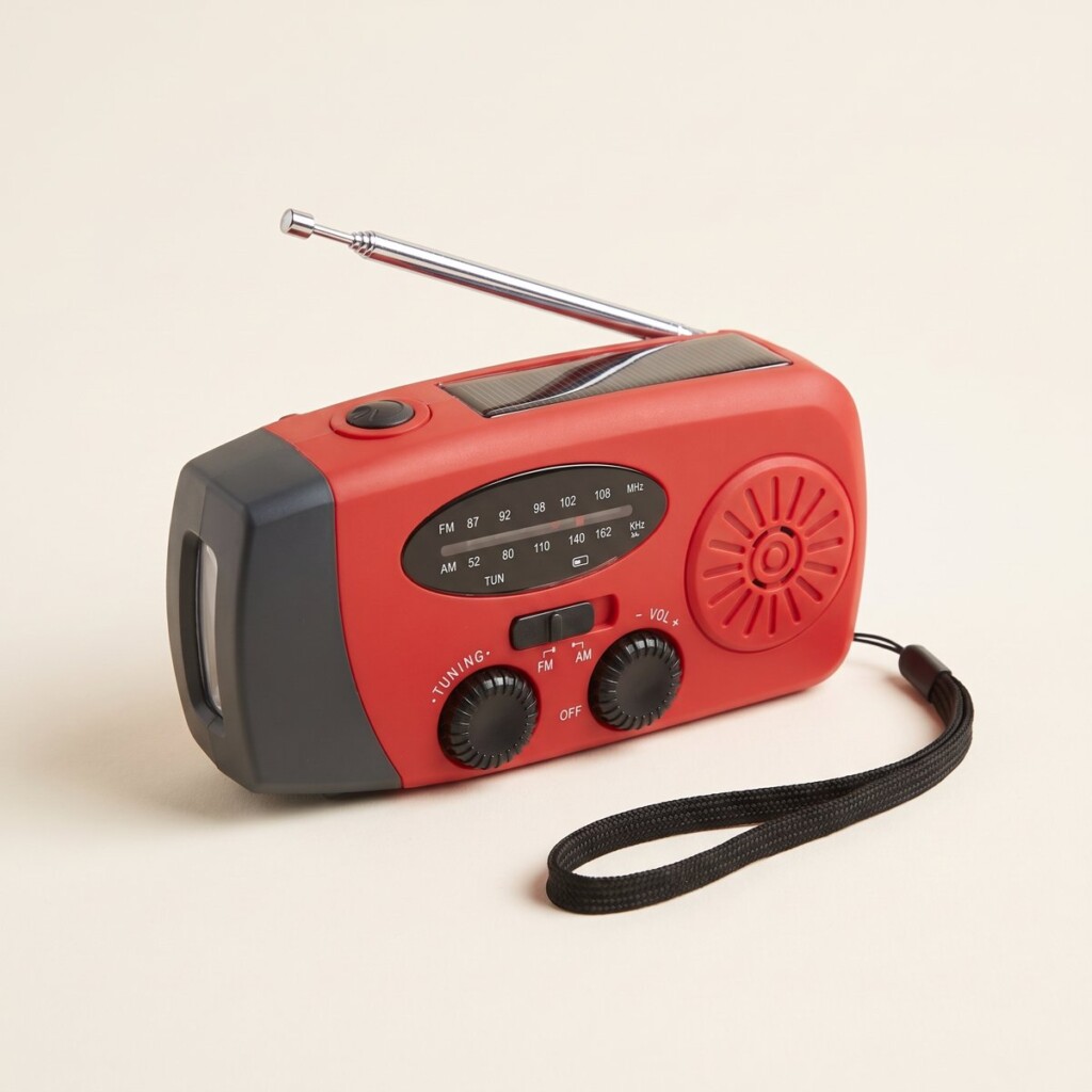 Röd vevradio med solcell, ficklampa och handlovsrem