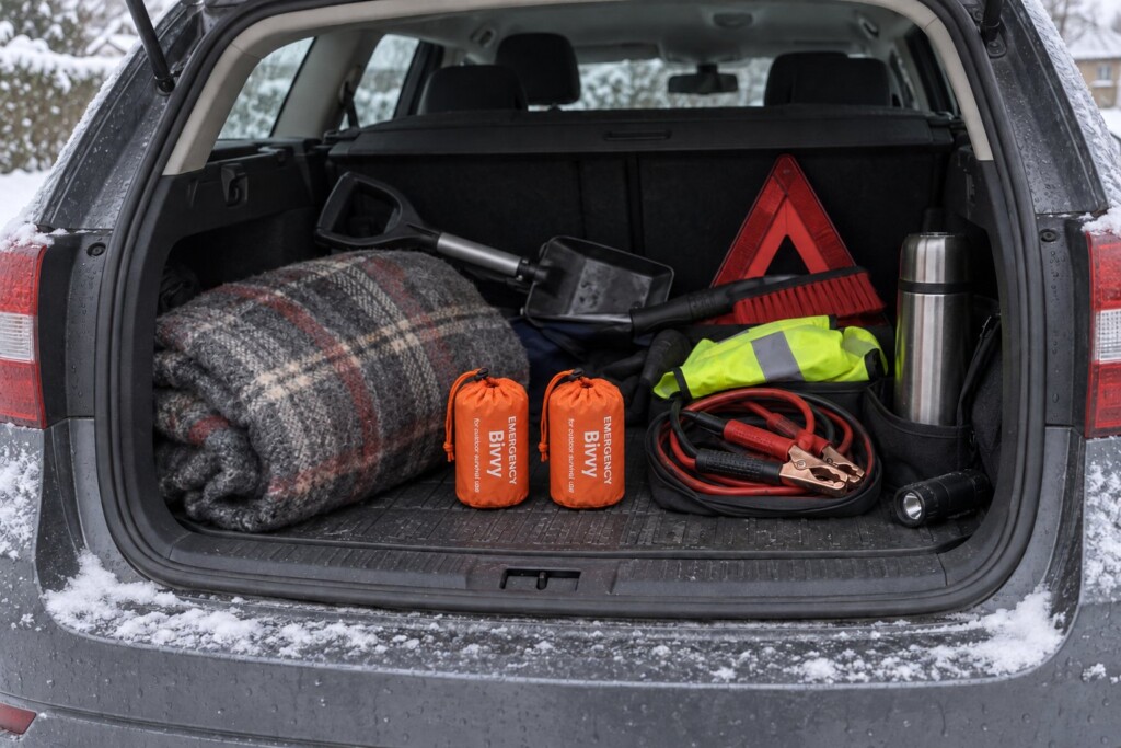 Bagageutrymme packat med filt, två nödsovsäckar, snöskyffel, startkablar, varningstriangel, reflexväst, termos och ficklampa