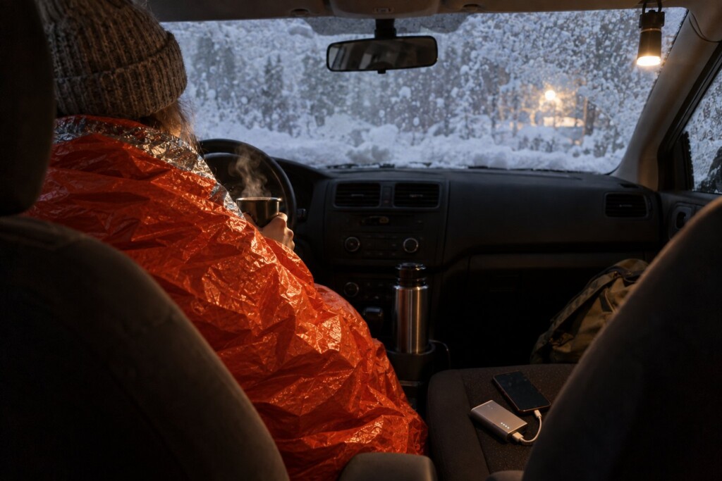 En person i förarsätet insvept i en uppvikt nödsovsäck med en varm dryck medan snön ligger på vindrutan